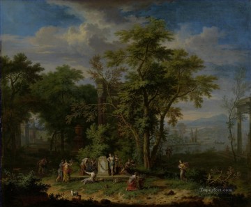 風景 Painting - 儀式用の犠牲のあるアルカディアンの風景 ヤン・ファン・ホイスムの森の風景